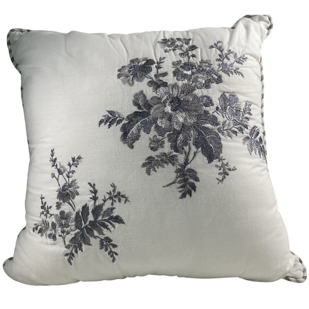 Laura Ashley Decorative Throw Pillow Floral Stripe White Gray Embroidered 15x15"